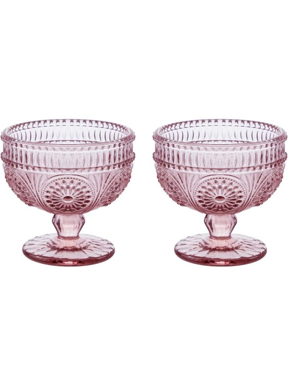 Vintage Sunflower Embossed Glass Footed Bowls - Pink Dessert & Ice Cream Set of